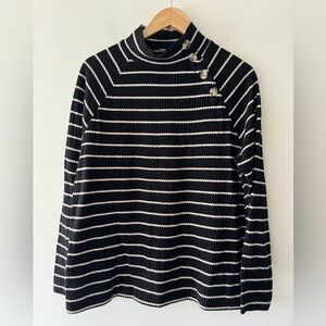 Loft Waffle Knit Mock Neck Top Black and White Stripe Cute‎ Button Detail